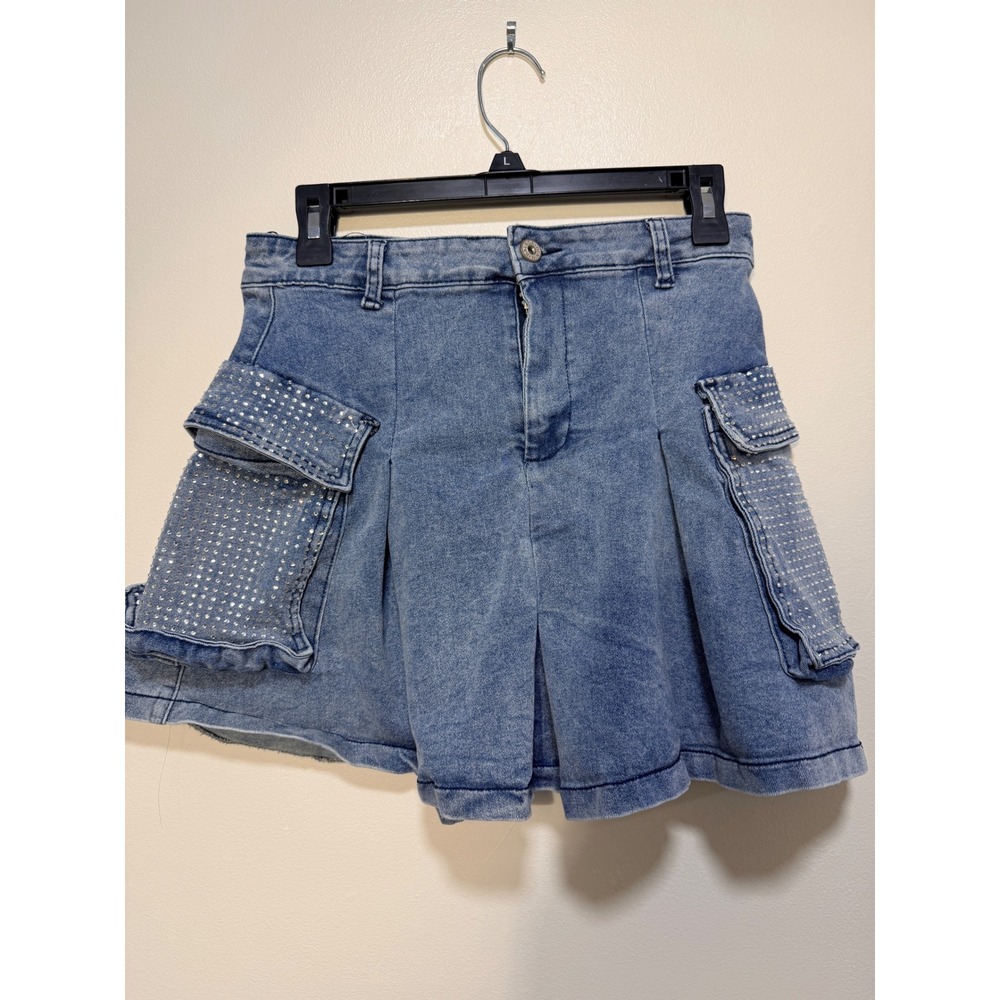 Y2K Denim Mini Skirt Size M Rhinestone Cargo Utility Pleated Acid Wash Blue